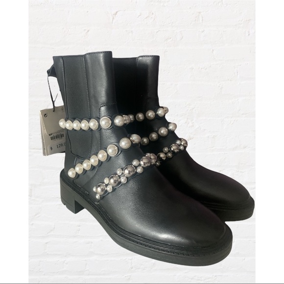 NWT Zara Combat Leather Chunky Chelsea Pearl Black Bikercore Boots - Picture 2 of 8